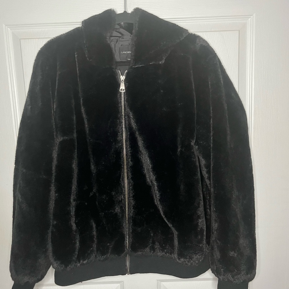 Lane Bryant Black Bomber Jacket with fur Texture and Zip-Up Style